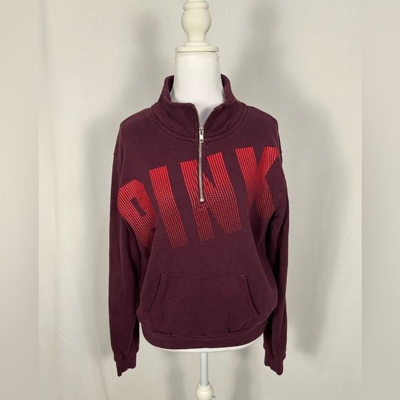 PINK Victoria's Secret Tops - Victoria's Secret PINK Half-Zip Sweatshirt - Burgundy with Red Logo Woman’s  Sm
